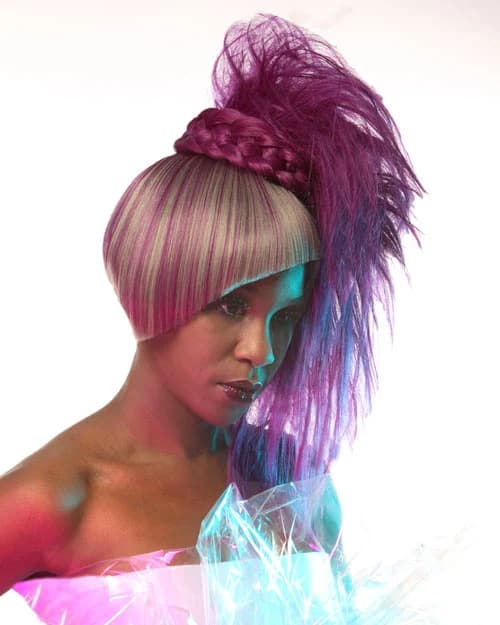 Violet and silver fringe with a braided band and textured purple lengths