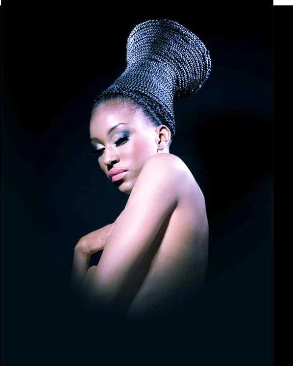 Braids woven into a tall cone, in profile against a dark background