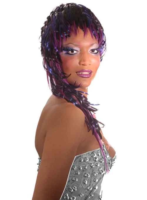 Long hair with violet braided and twisted pieces, over a studded silver top