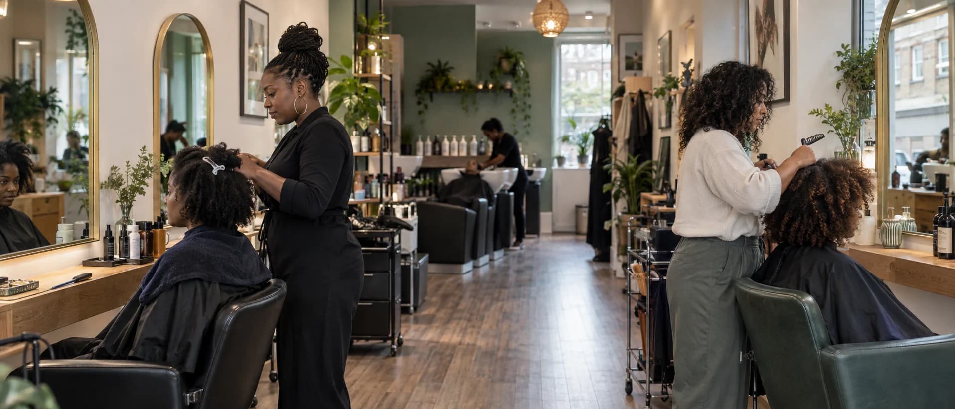 Stylists attending clients across a working salon floor