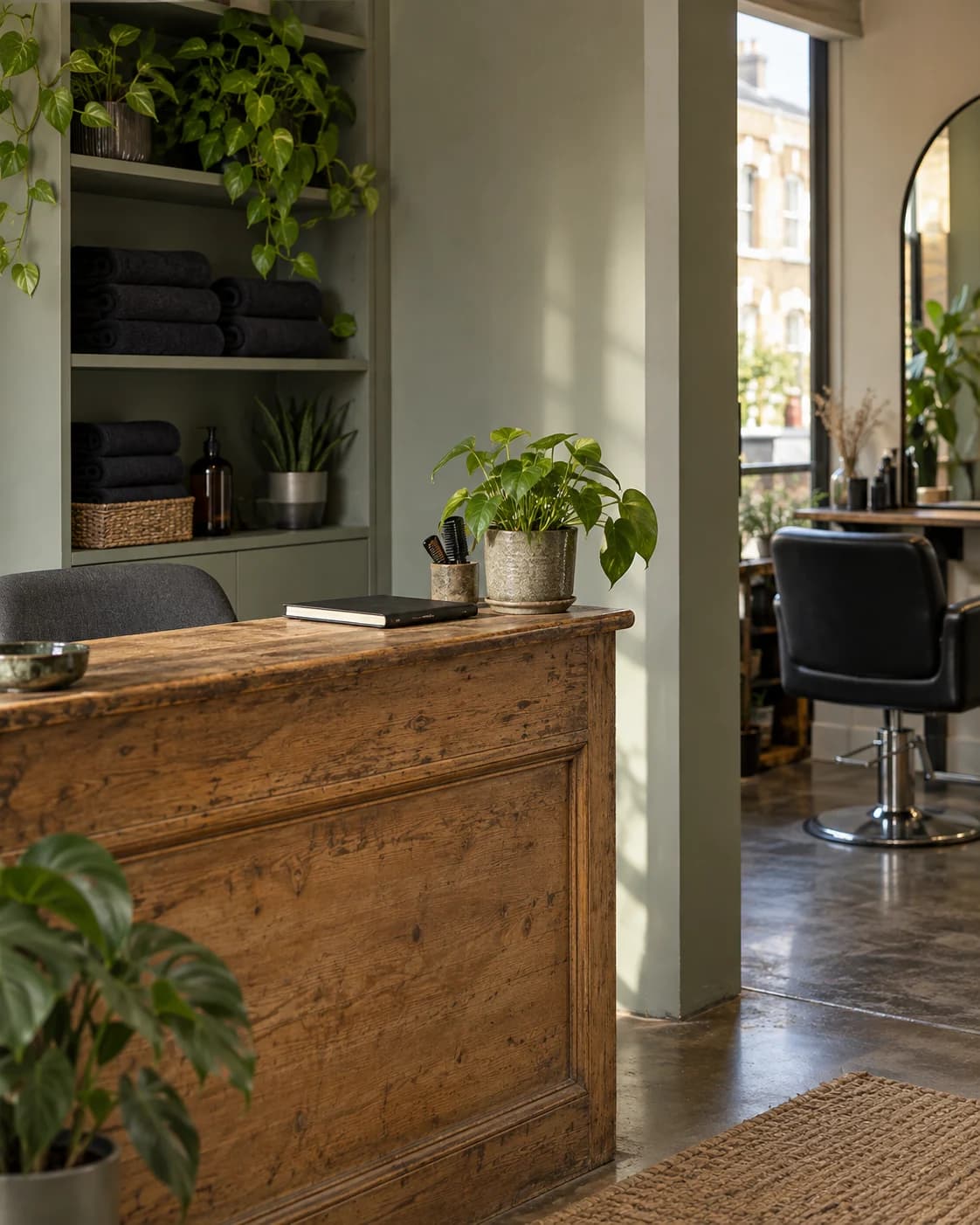 A calm salon reception corner with a wooden counter and folded towels