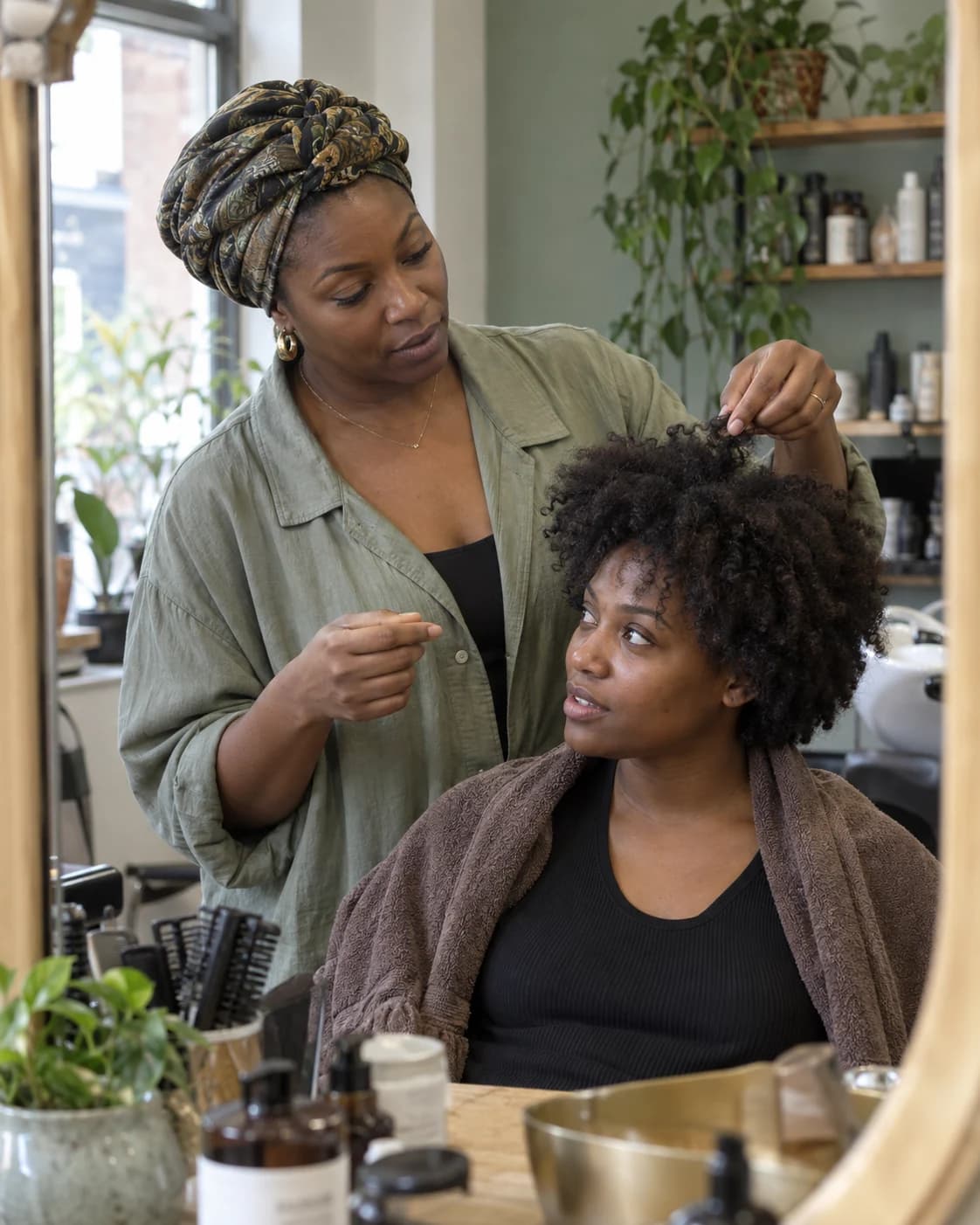 Stylist assessing a client's natural hair during a consultation