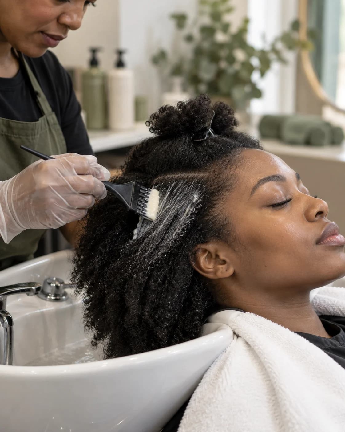 Stylist applying a conditioning treatment to sectioned natural hair